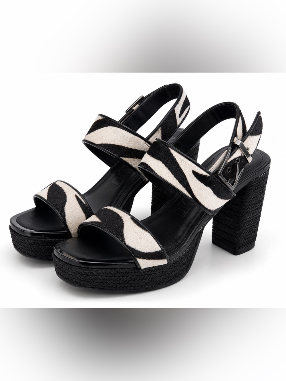 230. DKNY Black and White Zebra Platform Slingback Sandals